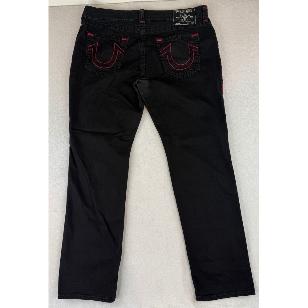 True Religion Ricky Relaxed Straight Jeans Mens 38 Black Red Contrast Stitching - Picture 7 of 11